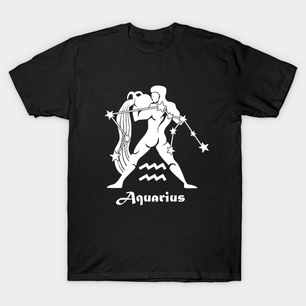 Aquarius - Zodiac Astrology Symbol with Constellation and Water Bearer Design (White on Black Variant) T-Shirt by Occult Designs